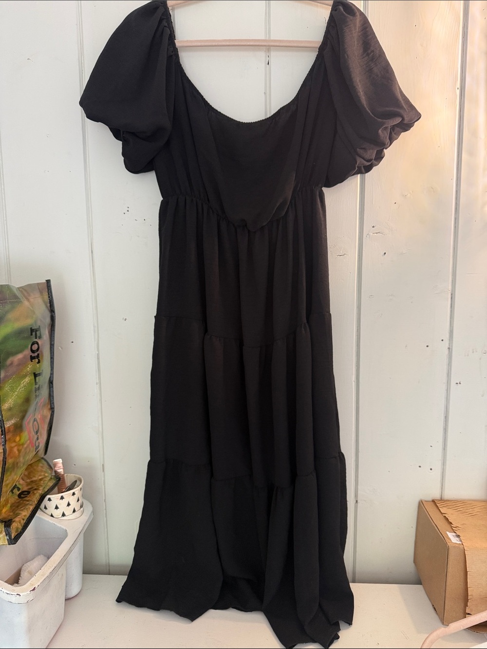 See You Monday Black Puff-Sleeve Tiered Maxi Dress